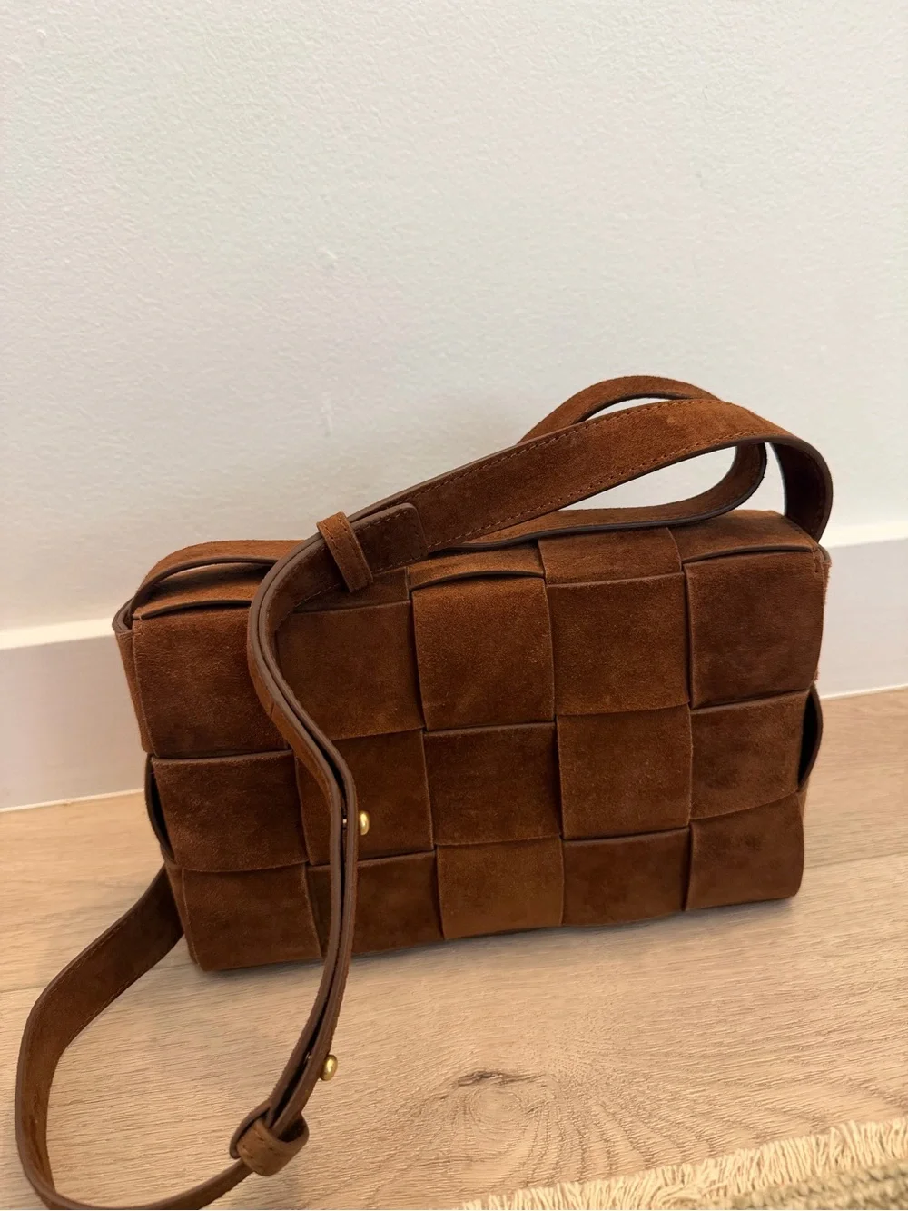 Woven Suede and Leather Crossbody Bag - Brown